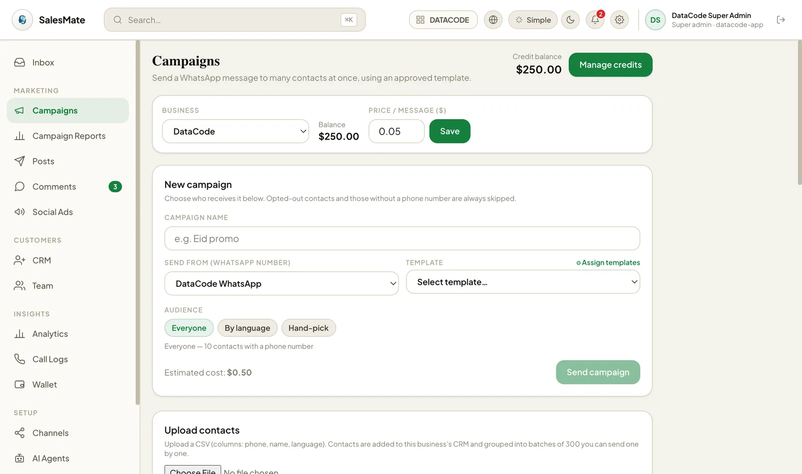 DilaCRM WhatsApp campaign composer with credit balance, template picker, audience options and estimated cost.