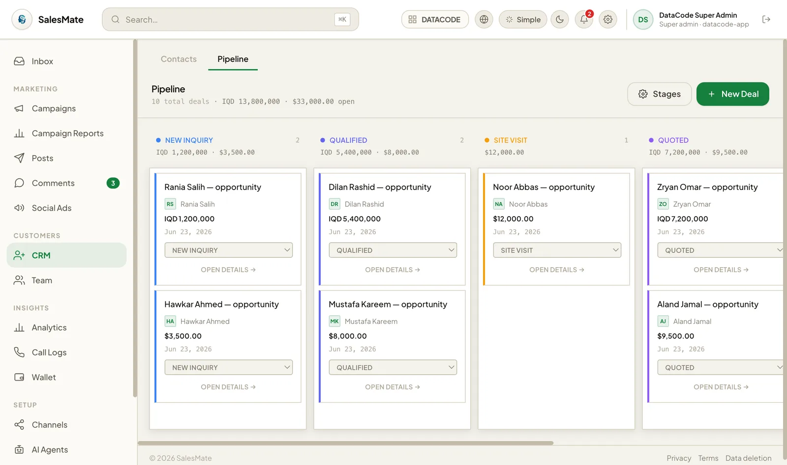 DilaCRM Kanban pipeline with new inquiry, qualified, site visit and quoted stages holding IQD and USD deal values.