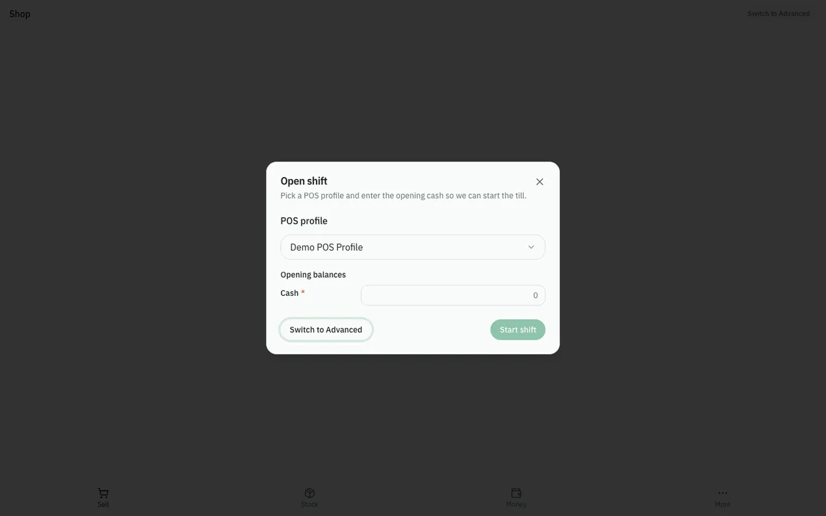 DilaERP Simple Mode sell screen on mobile with product grid, cart and large checkout button.